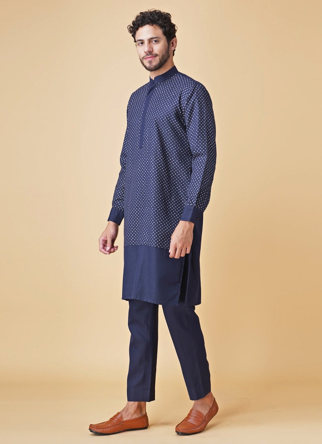 Navy Blue Printed Silk Kurta Pants with Jacket Manish Nagdeo Men - Fabilicious Fashion