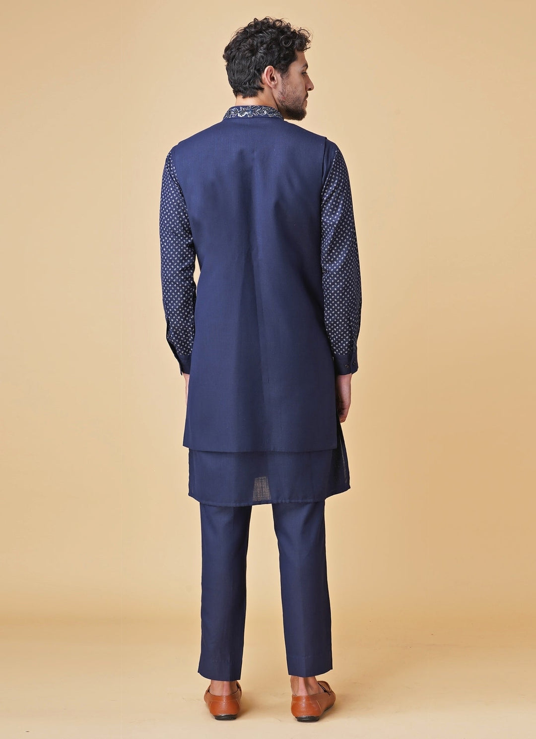 Navy Blue Printed Silk Kurta Pants with Jacket Manish Nagdeo Men - Fabilicious Fashion