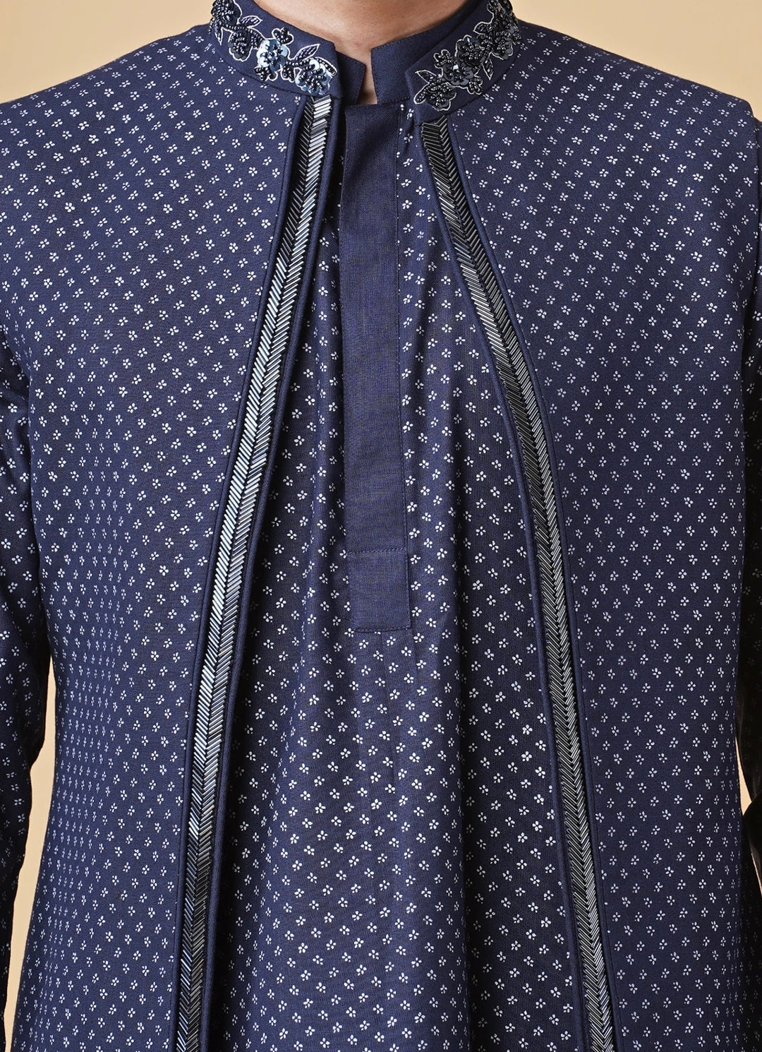 Navy Blue Printed Silk Kurta Pants with Jacket Manish Nagdeo Men - Fabilicious Fashion