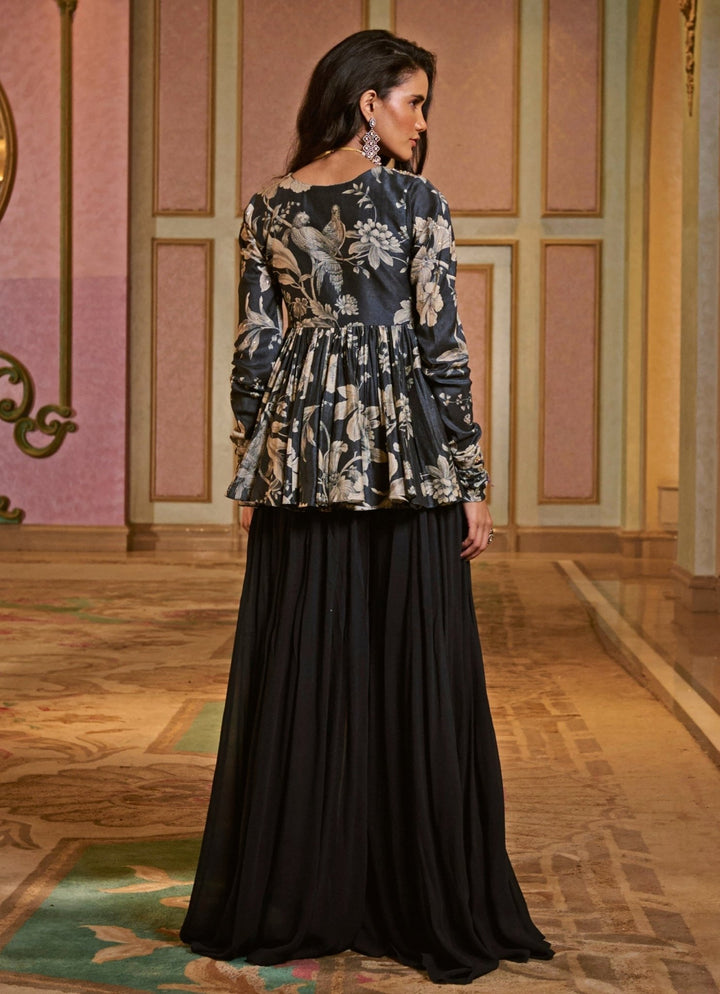 Navy Blue Printed Silk Peplum Palazzo Set Paulmi and Harsh - Fabilicious Fashion
