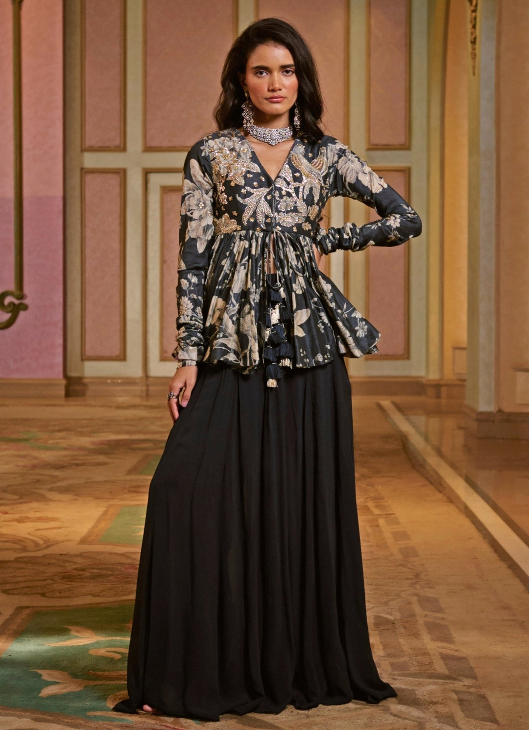 Navy Blue Printed Silk Peplum Palazzo Set Paulmi and Harsh - Fabilicious Fashion