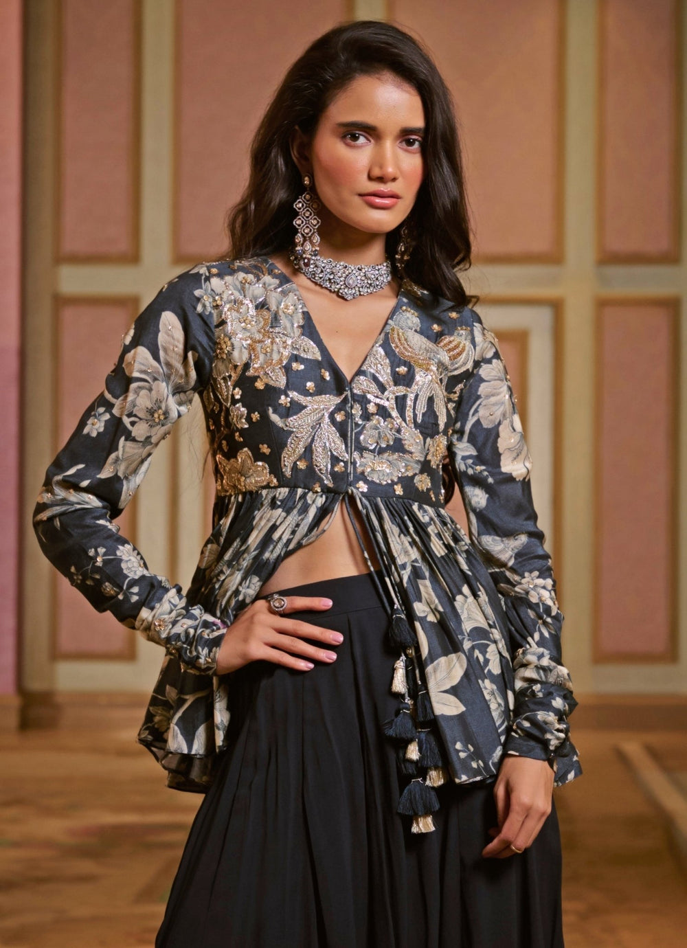 Navy Blue Printed Silk Peplum Palazzo Set Paulmi and Harsh - Fabilicious Fashion