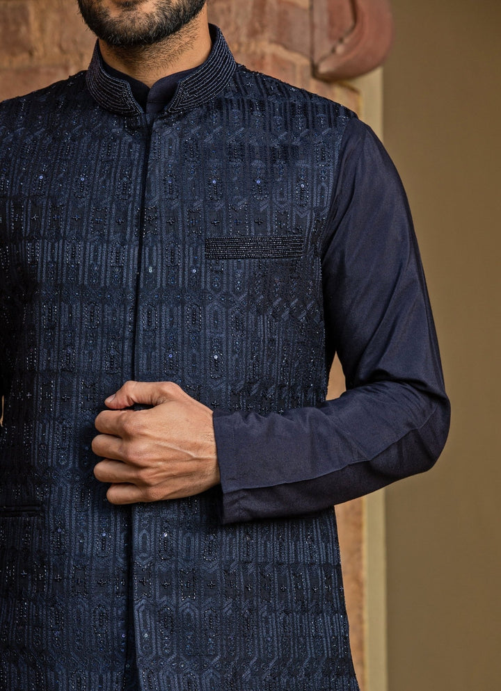 Navy Blue Raw Silk Nehru Jacket Set Nitika Gujral - Men - Fabilicious Fashion