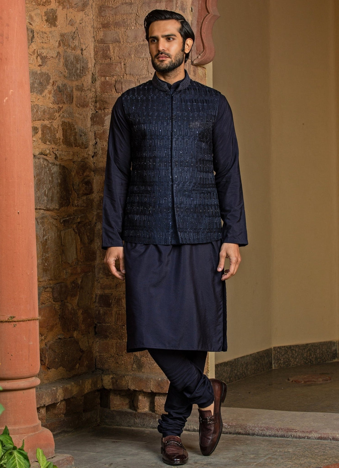 Navy Blue Raw Silk Nehru Jacket Set Nitika Gujral - Men - Fabilicious Fashion