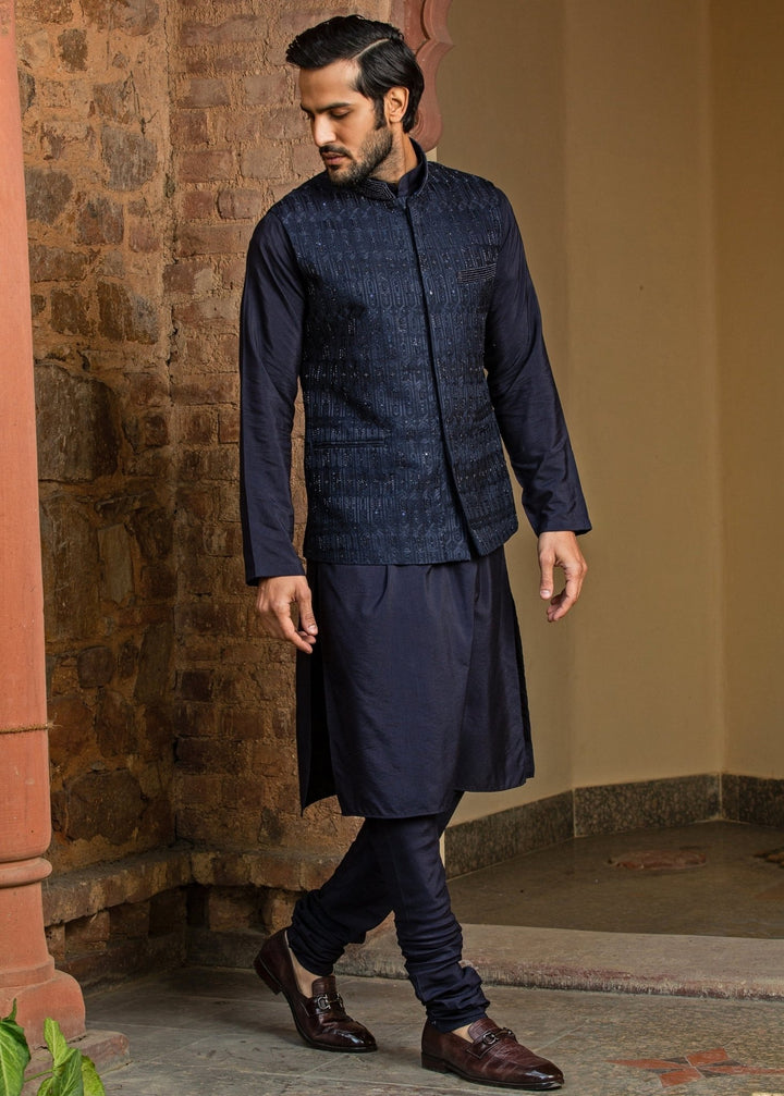 Navy Blue Raw Silk Nehru Jacket Set Nitika Gujral - Men - Fabilicious Fashion