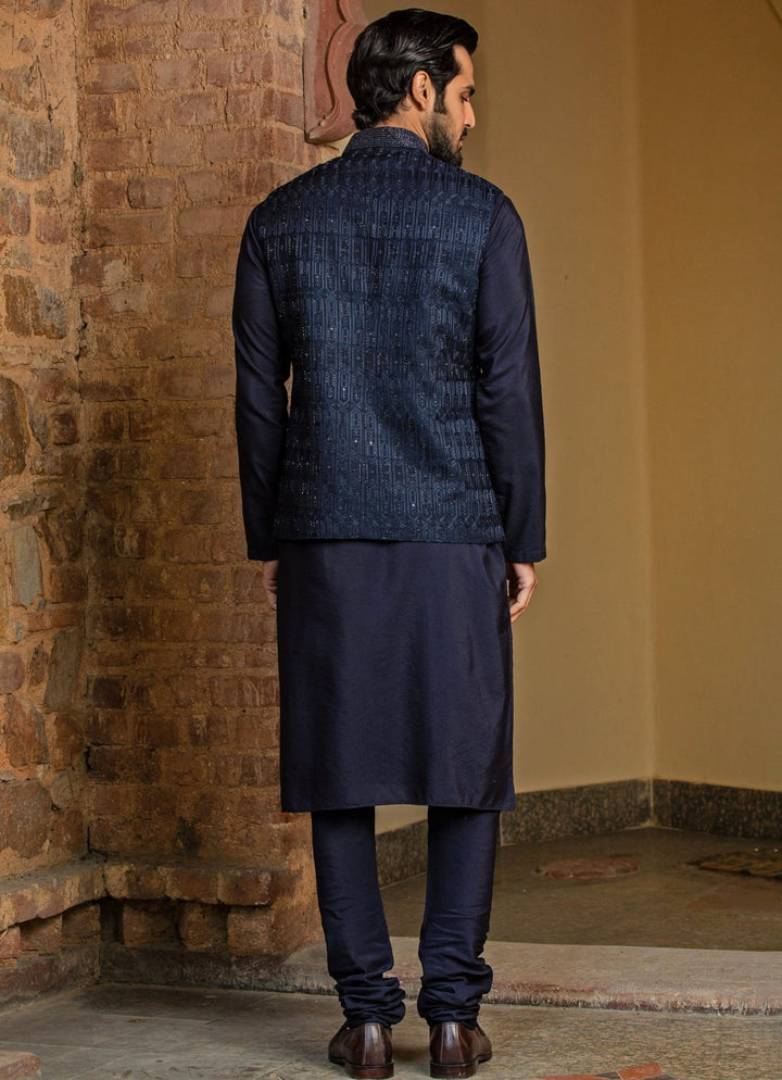 Navy Blue Raw Silk Nehru Jacket Set Nitika Gujral - Men - Fabilicious Fashion