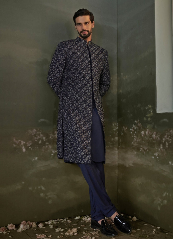 Navy Blue Raw Silk Sherwani Set Nitika Gujral - Men - Fabilicious Fashion