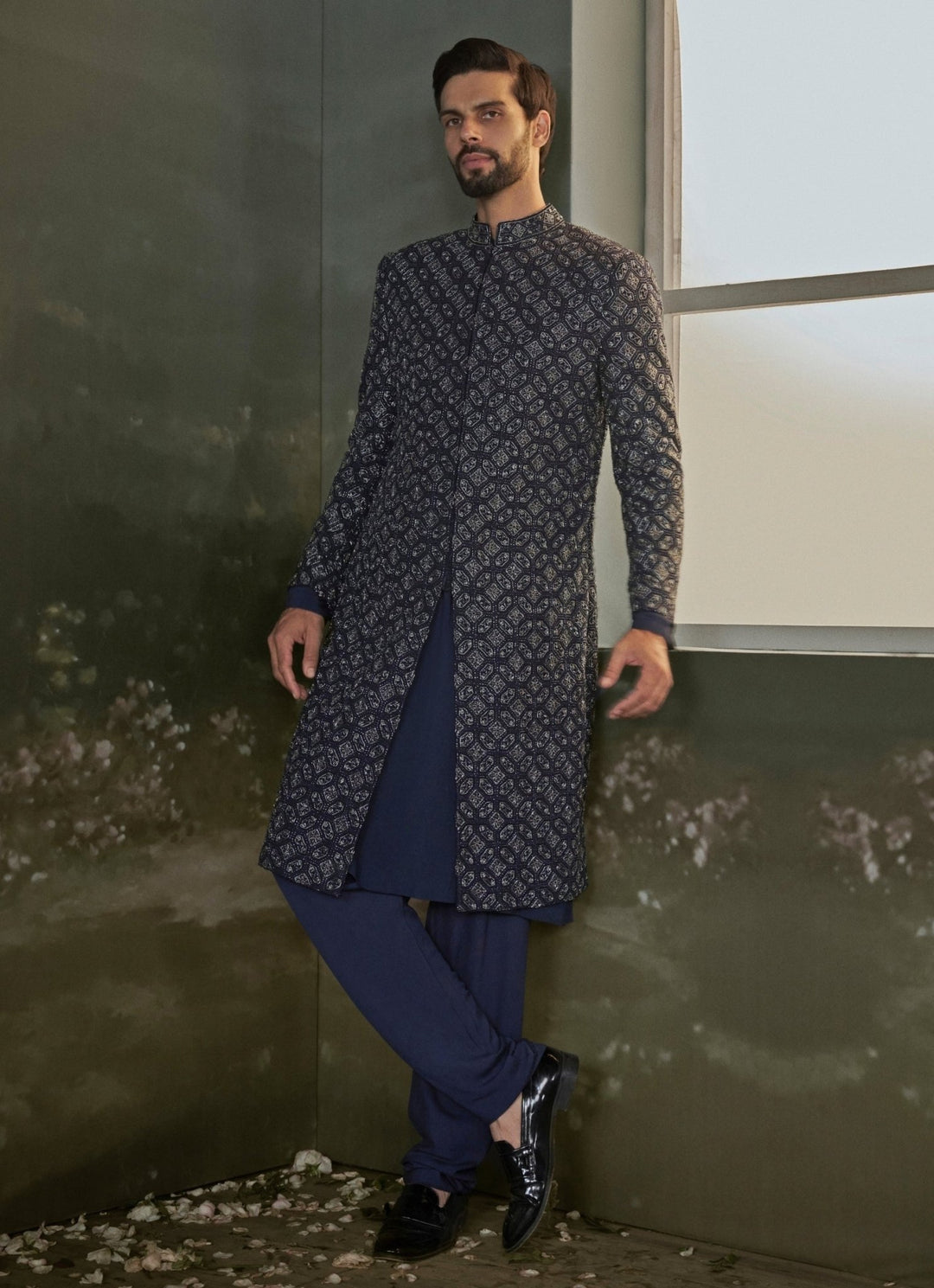 Navy Blue Raw Silk Sherwani Set Nitika Gujral - Men - Fabilicious Fashion