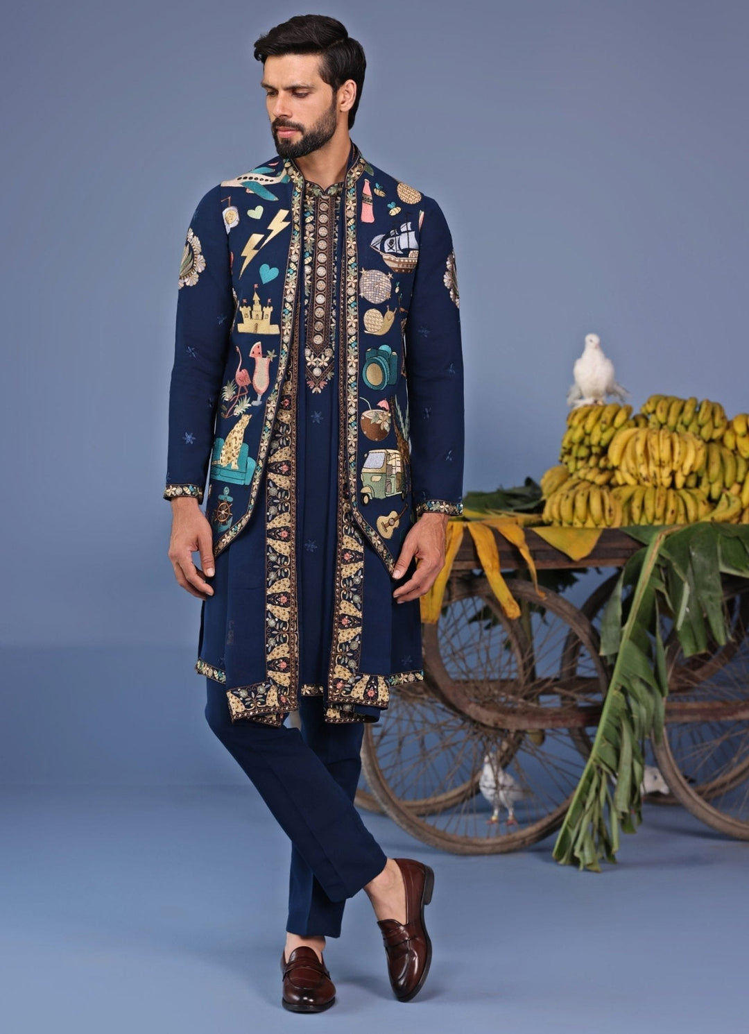 Navy Blue Resham Embroidered Kurta Jacket Set Kalpraag - Fabilicious Fashion