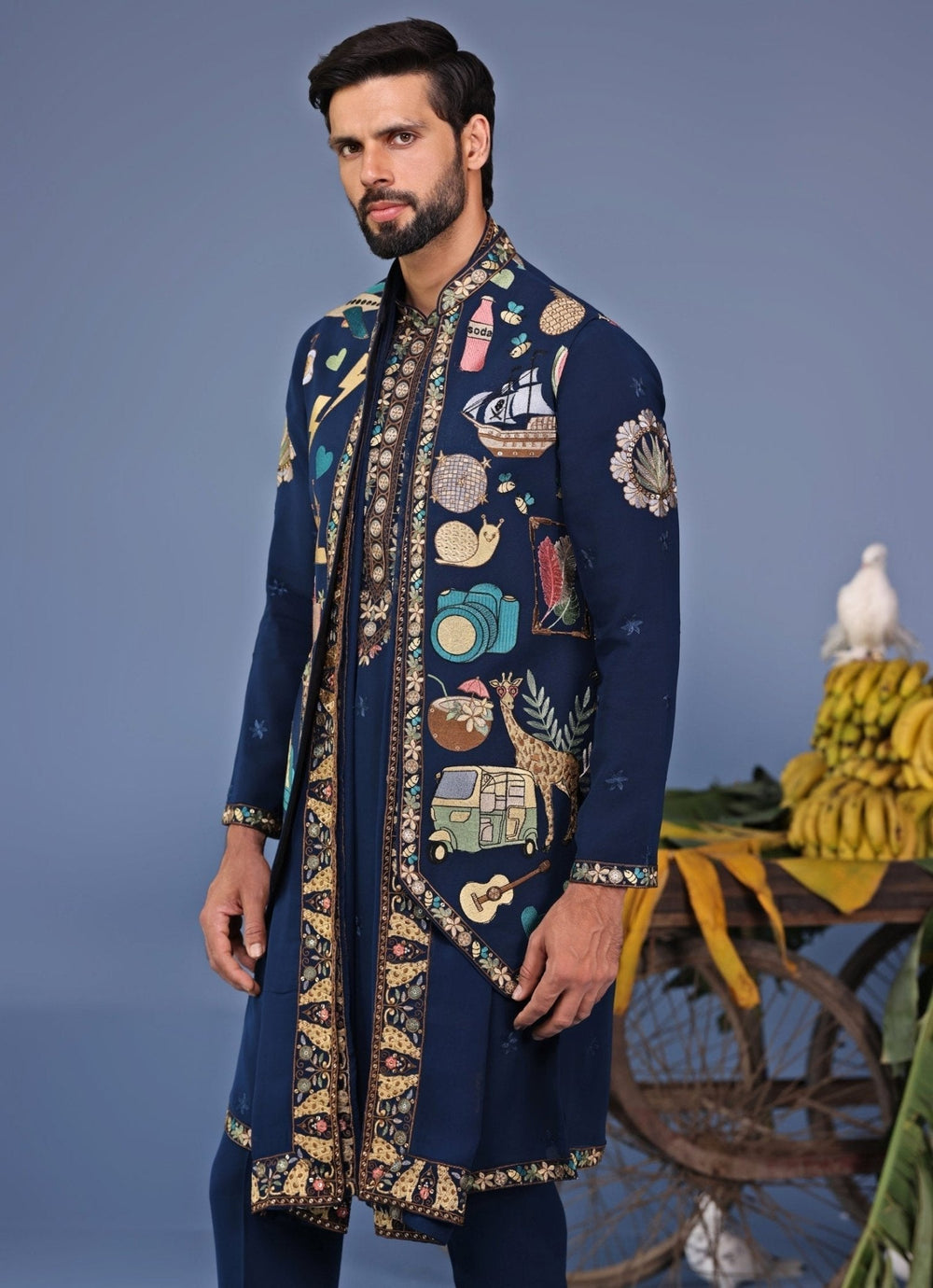 Navy Blue Resham Embroidered Kurta Jacket Set Kalpraag - Fabilicious Fashion
