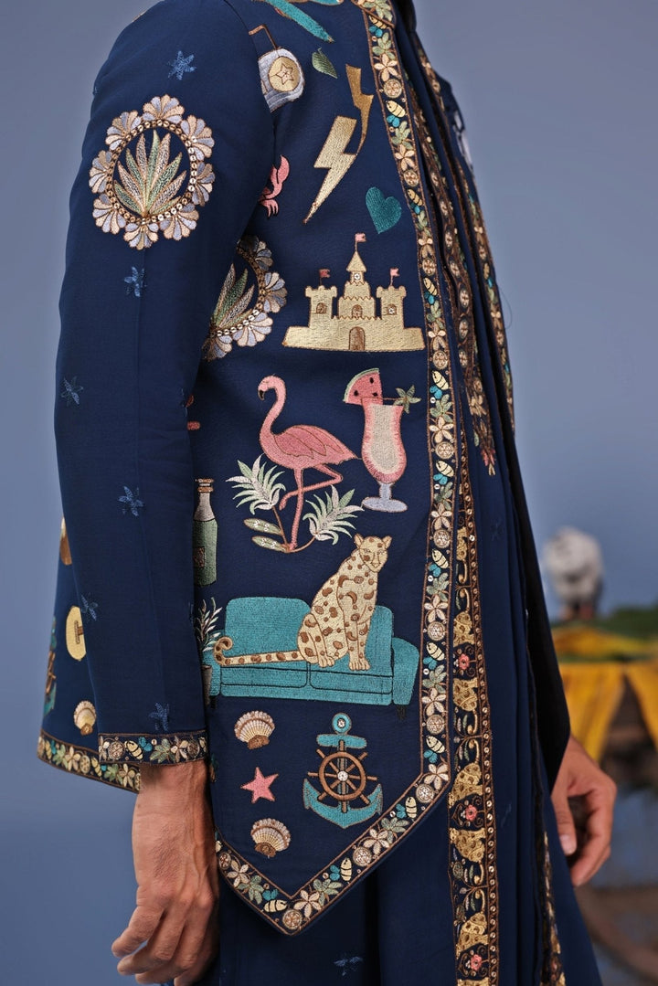 Navy Blue Resham Embroidered Kurta Jacket Set Kalpraag - Fabilicious Fashion