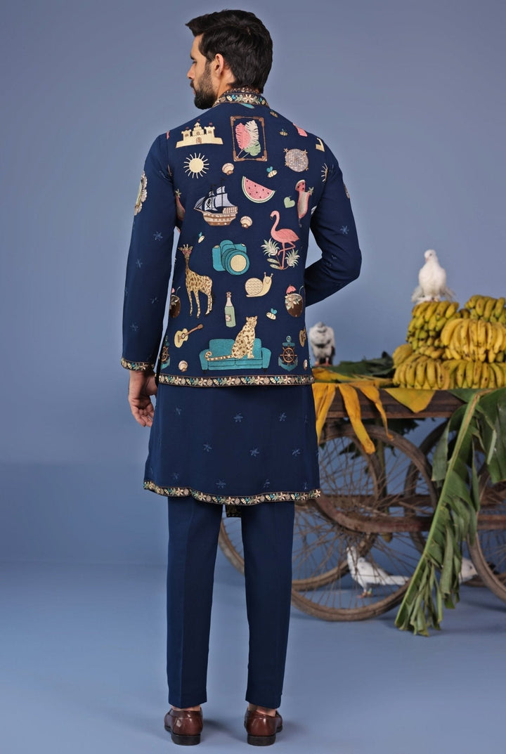 Navy Blue Resham Embroidered Kurta Jacket Set Kalpraag - Fabilicious Fashion