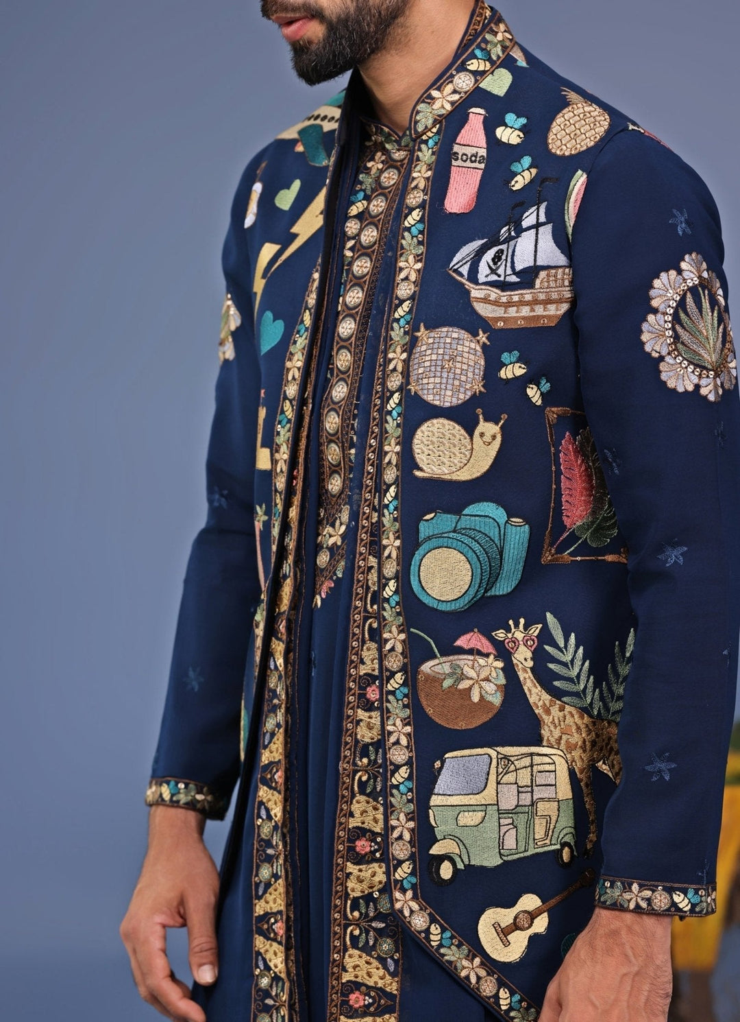 Navy Blue Resham Embroidered Kurta Jacket Set Kalpraag - Fabilicious Fashion