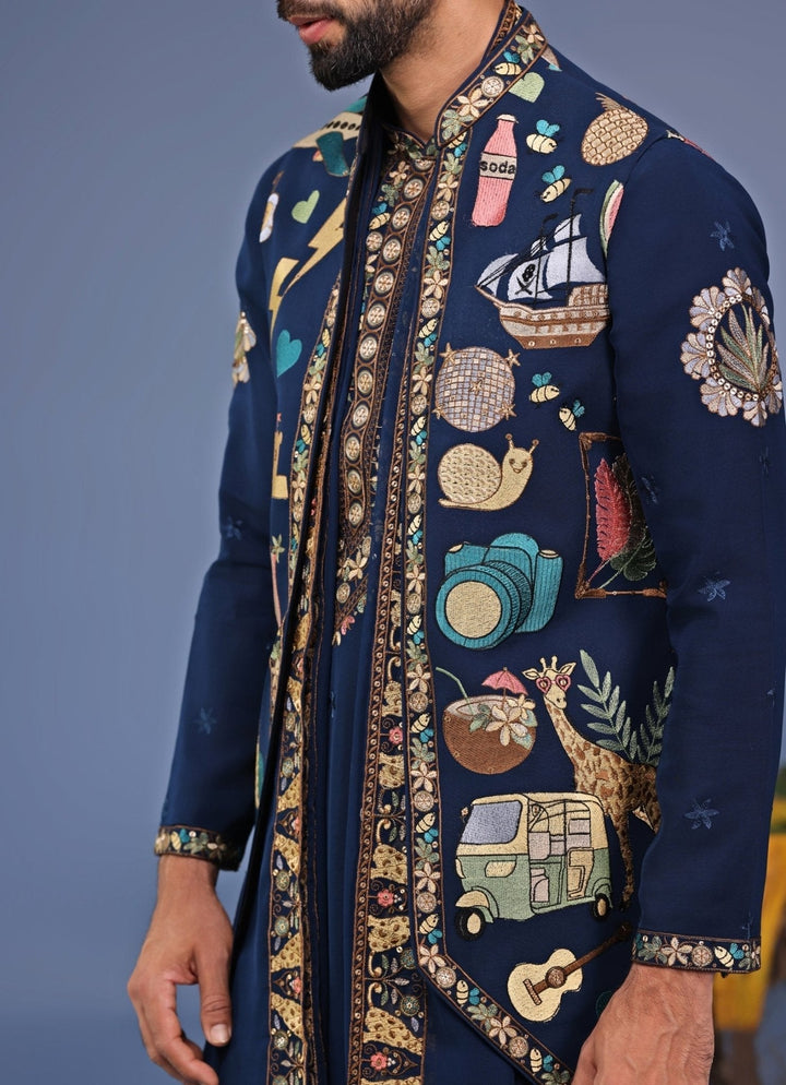 Navy Blue Resham Embroidered Kurta Jacket Set Kalpraag - Fabilicious Fashion