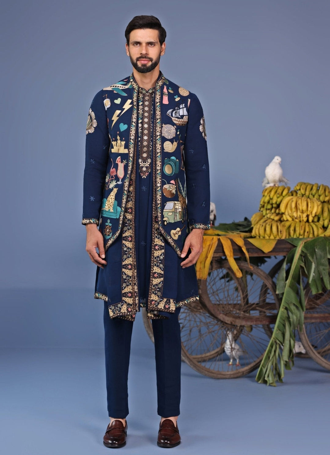 Navy Blue Resham Embroidered Kurta Jacket Set Kalpraag - Fabilicious Fashion