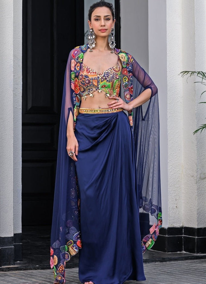 Navy Blue Satin Dhoti Skirt With Embroidered Blouse And Cape Juhi Bengani - Fabilicious Fashion