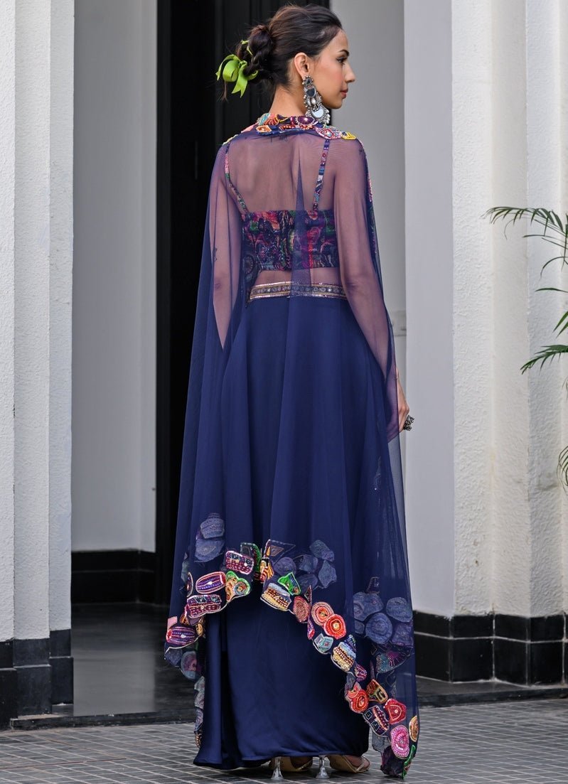 Navy Blue Satin Dhoti Skirt With Embroidered Blouse And Cape Juhi Bengani - Fabilicious Fashion