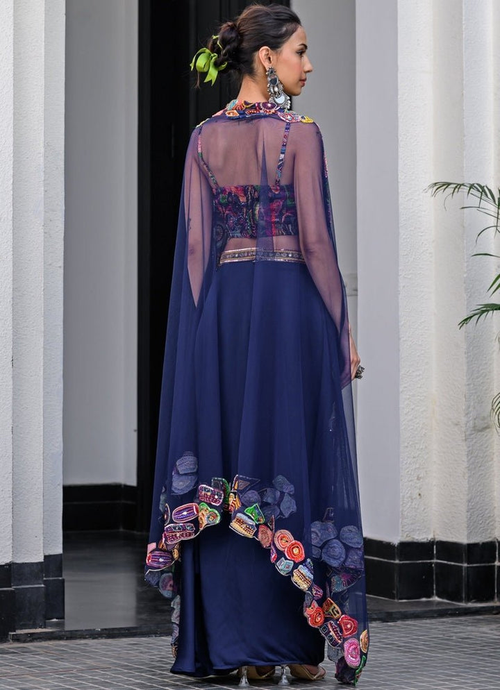 Navy Blue Satin Dhoti Skirt With Embroidered Blouse And Cape Juhi Bengani - Fabilicious Fashion
