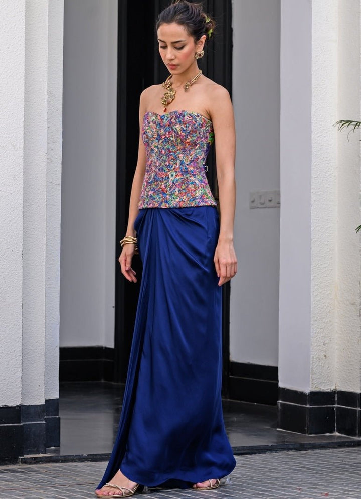 Navy Blue Satin Dhoti Skirt With Sequins Corset Juhi Bengani - Fabilicious Fashion