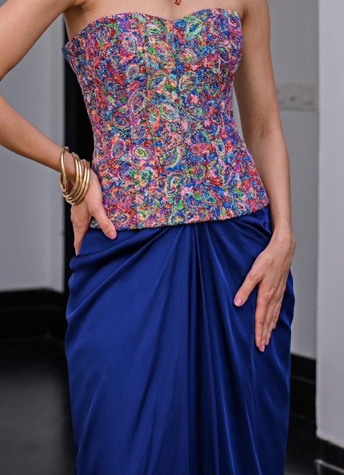 Navy Blue Satin Dhoti Skirt With Sequins Corset Juhi Bengani - Fabilicious Fashion