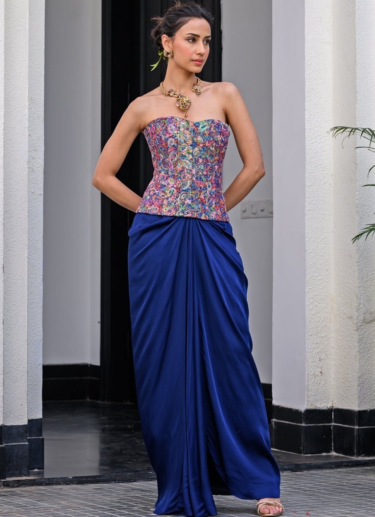 Navy Blue Satin Dhoti Skirt With Sequins Corset Juhi Bengani - Fabilicious Fashion