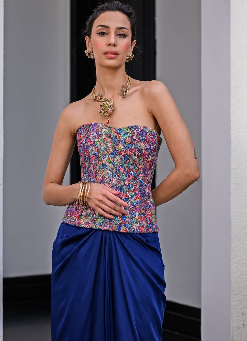 Navy Blue Satin Dhoti Skirt With Sequins Corset Juhi Bengani - Fabilicious Fashion