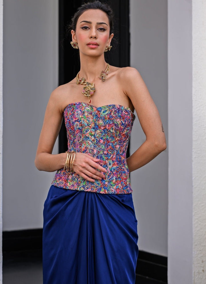 Navy Blue Satin Dhoti Skirt With Sequins Corset Juhi Bengani - Fabilicious Fashion