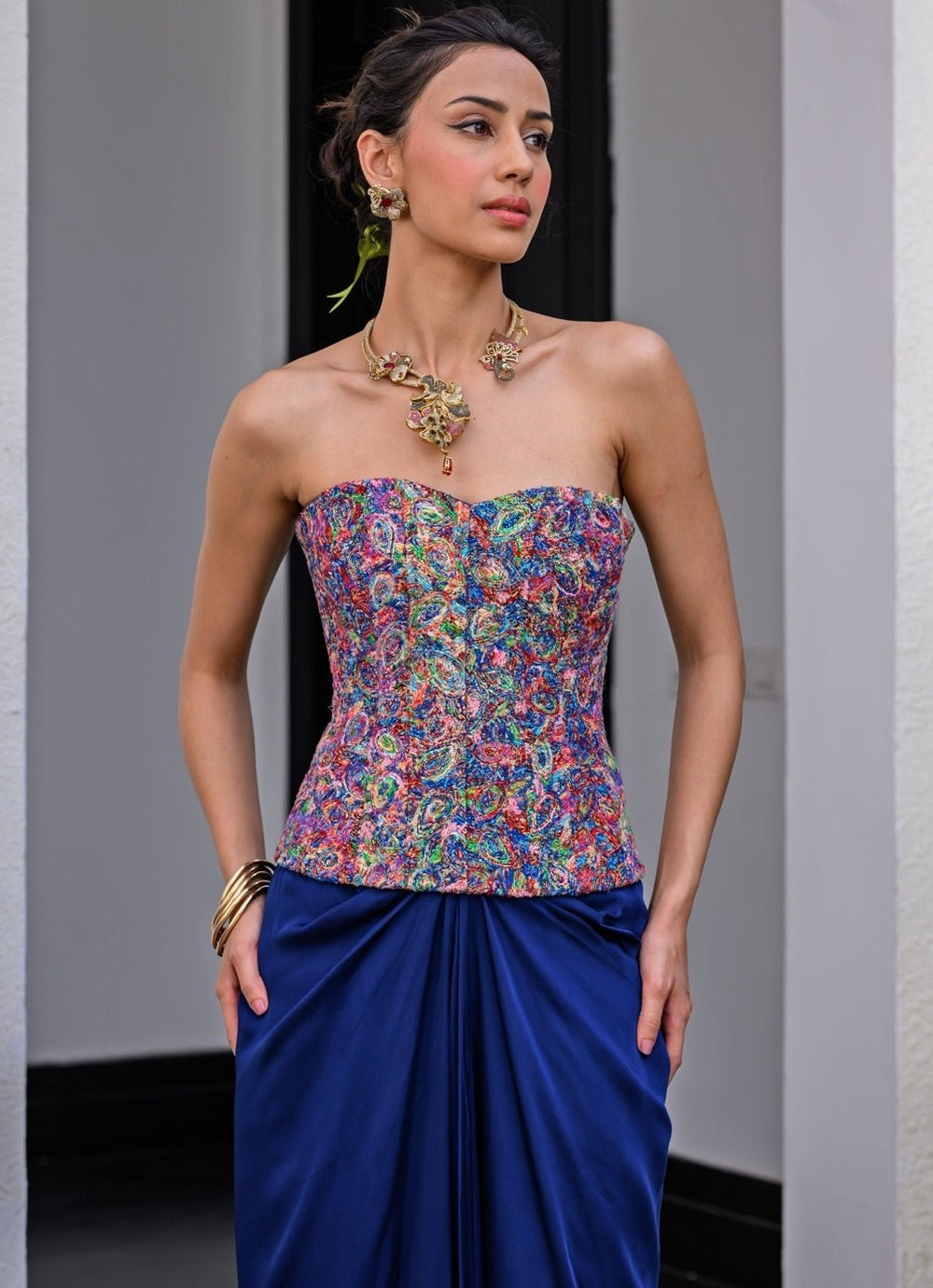 Navy Blue Satin Dhoti Skirt With Sequins Corset Juhi Bengani - Fabilicious Fashion