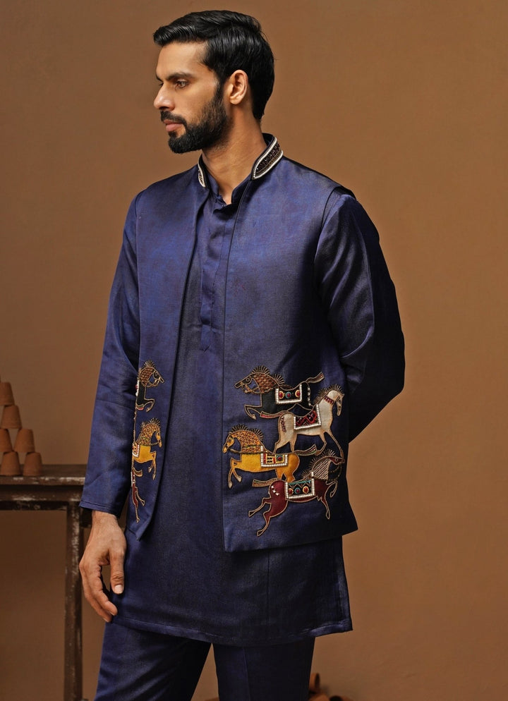 Kalpraag Navy Blue Satin Silk Short Kurta Jacket SetFabilicious Fashion