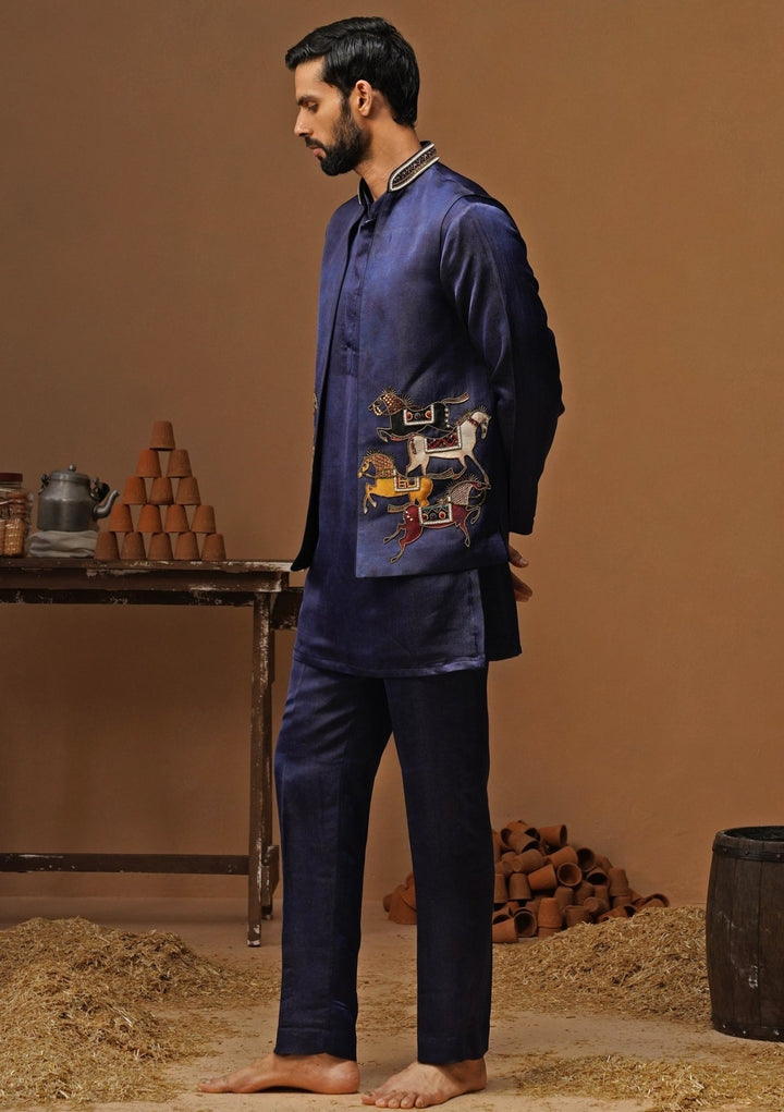 Kalpraag Navy Blue Satin Silk Short Kurta Jacket SetFabilicious Fashion