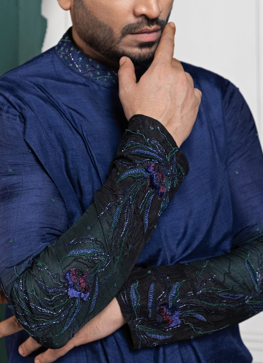 Navy Blue Silk Embroidered Kurta Pant Set Smriti - Fabilicious Fashion