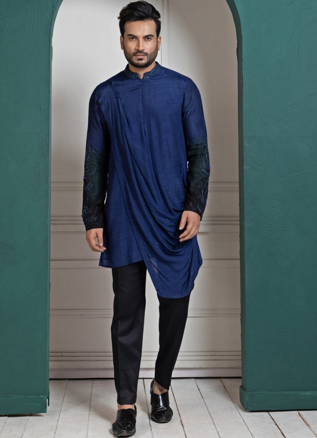 Navy Blue Silk Embroidered Kurta Pant Set Smriti - Fabilicious Fashion