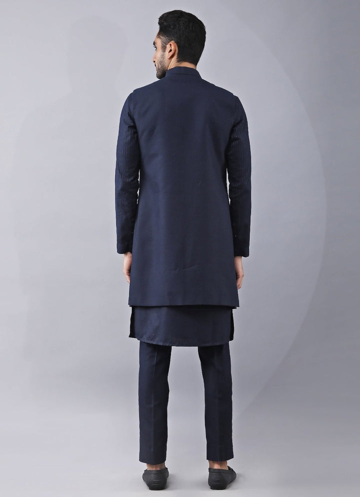 Navy Blue Silk Kurta Set with Jacket Manish Nagdeo Men - Fabilicious Fashion