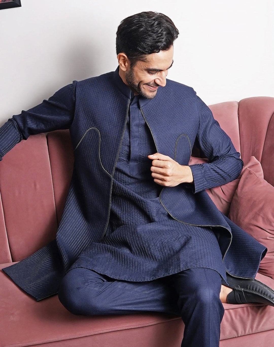 Navy Blue Silk Kurta Set with Jacket Manish Nagdeo Men - Fabilicious Fashion