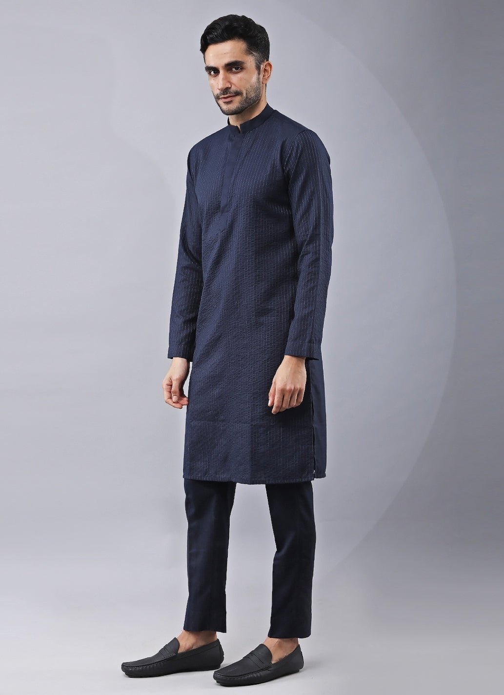 Navy Blue Silk Kurta Set with Jacket Manish Nagdeo Men - Fabilicious Fashion