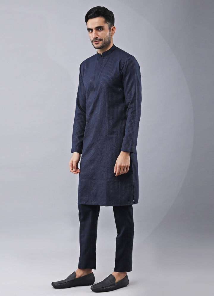 Navy Blue Silk Kurta Set with Jacket Manish Nagdeo Men - Fabilicious Fashion