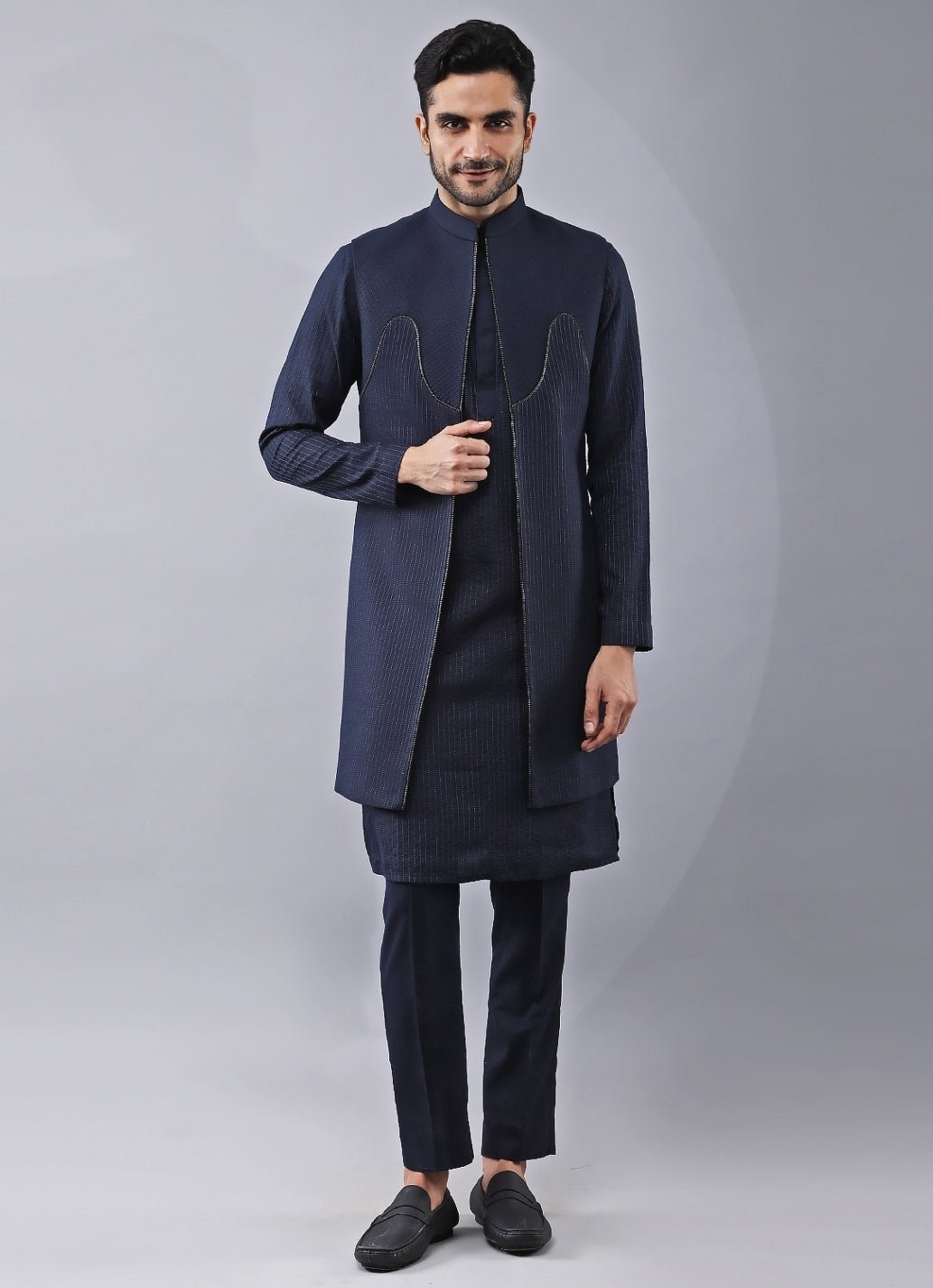 Navy Blue Silk Kurta Set with Jacket Manish Nagdeo Men - Fabilicious Fashion