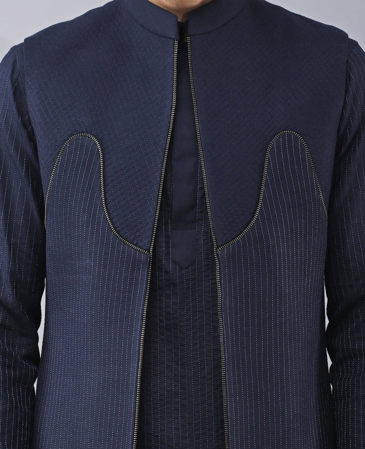 Navy Blue Silk Kurta Set with Jacket Manish Nagdeo Men - Fabilicious Fashion