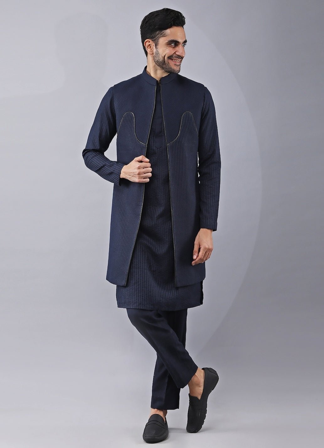 Navy Blue Silk Kurta Set with Jacket Manish Nagdeo Men - Fabilicious Fashion