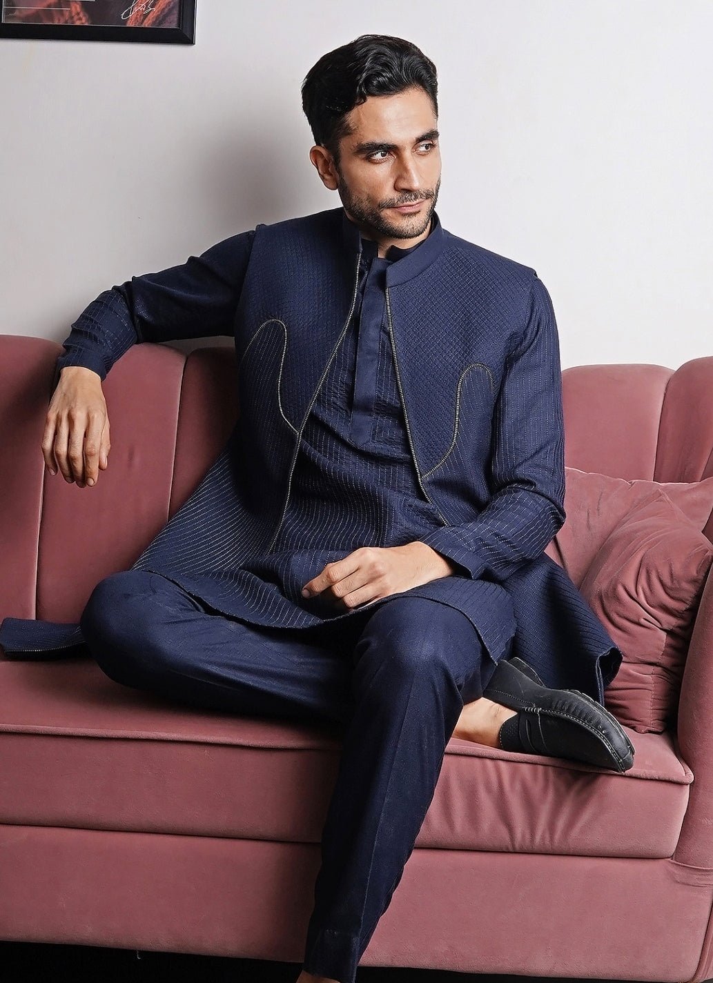 Navy Blue Silk Kurta Set with Jacket Manish Nagdeo Men - Fabilicious Fashion
