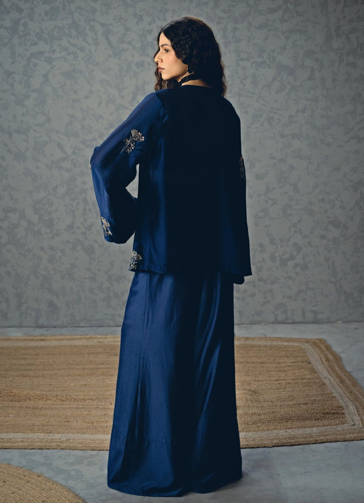 Navy Blue Silk Organza Jacket Set Paulmi and Harsh X Ease - Fabilicious Fashion