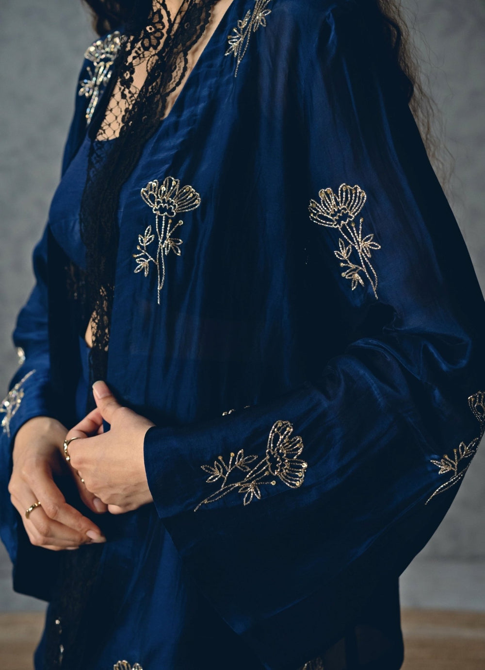 Navy Blue Silk Organza Jacket Set Paulmi and Harsh X Ease - Fabilicious Fashion