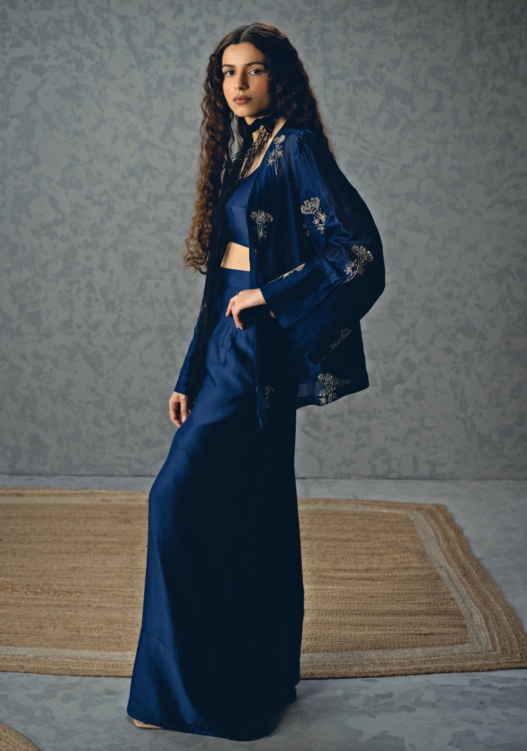 Navy Blue Silk Organza Jacket Set Paulmi and Harsh X Ease - Fabilicious Fashion
