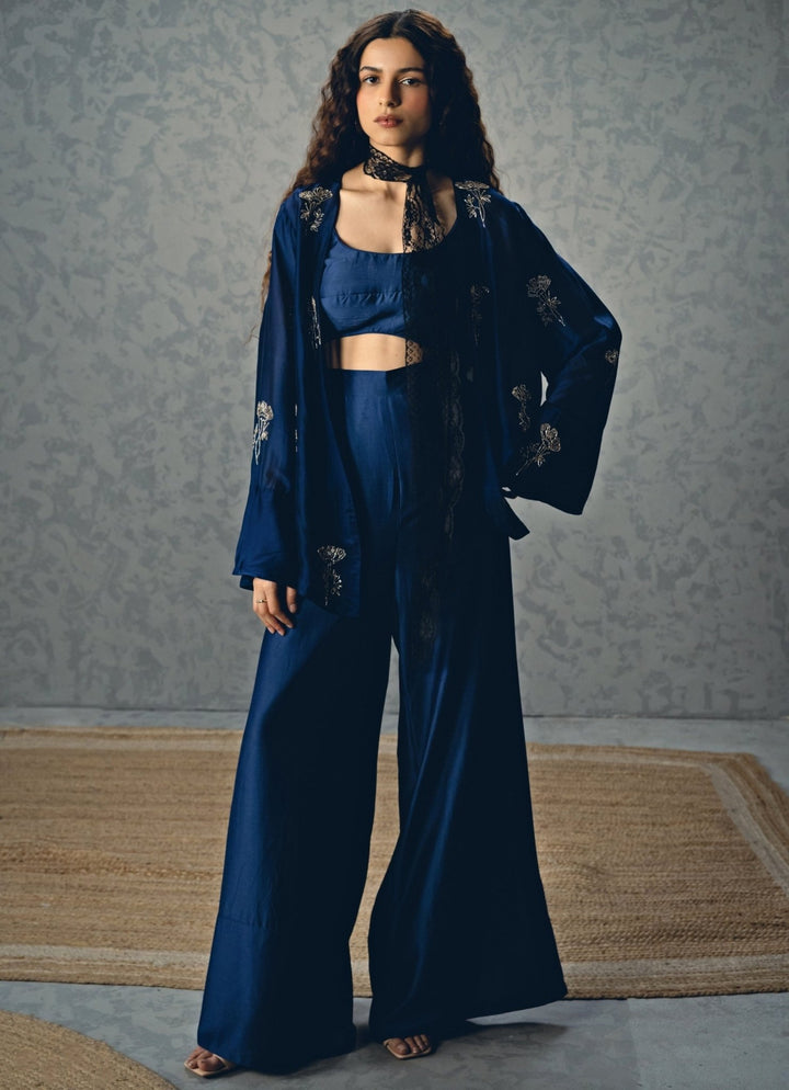 Navy Blue Silk Organza Jacket Set Paulmi and Harsh X Ease - Fabilicious Fashion