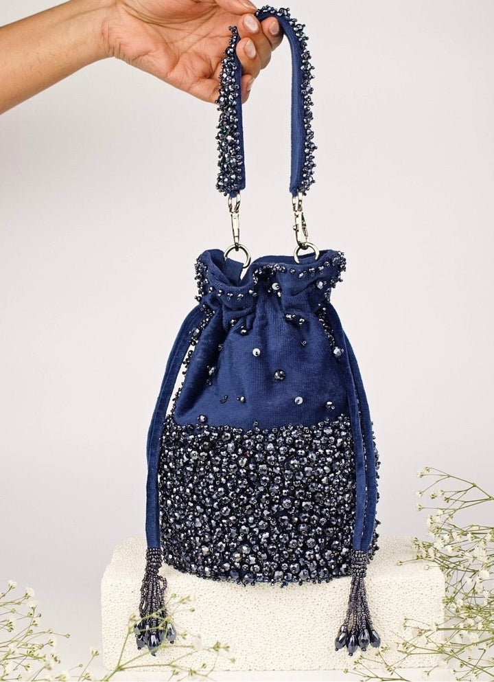 Navy Blue Suede Crystal Embellished Bucket Bag House of Kosha - Fabilicious Fashion
