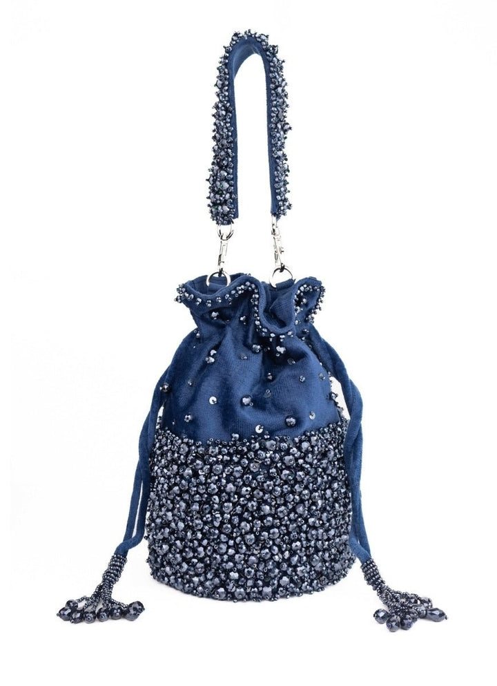 Navy Blue Suede Crystal Embellished Bucket Bag House of Kosha - Fabilicious Fashion