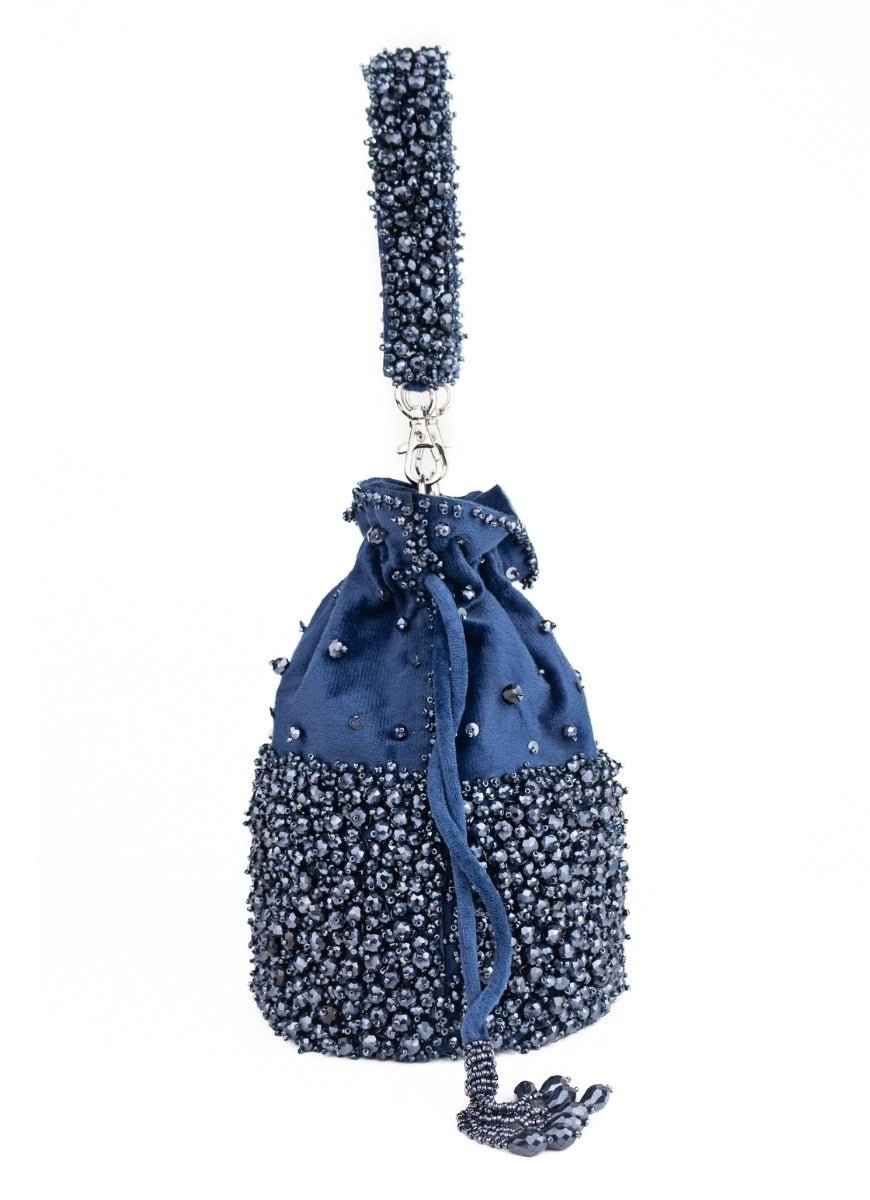 Navy Blue Suede Crystal Embellished Bucket Bag House of Kosha - Fabilicious Fashion
