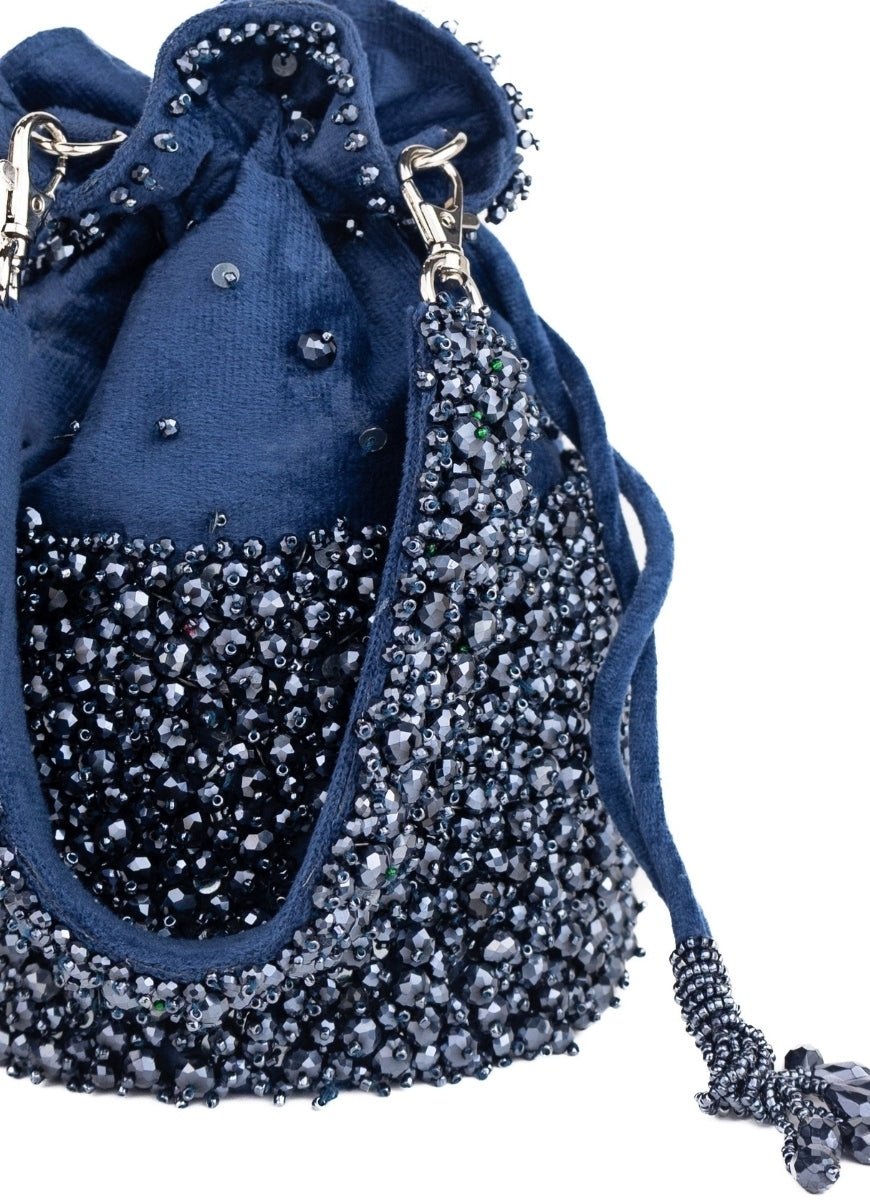 Navy Blue Suede Crystal Embellished Bucket Bag House of Kosha - Fabilicious Fashion