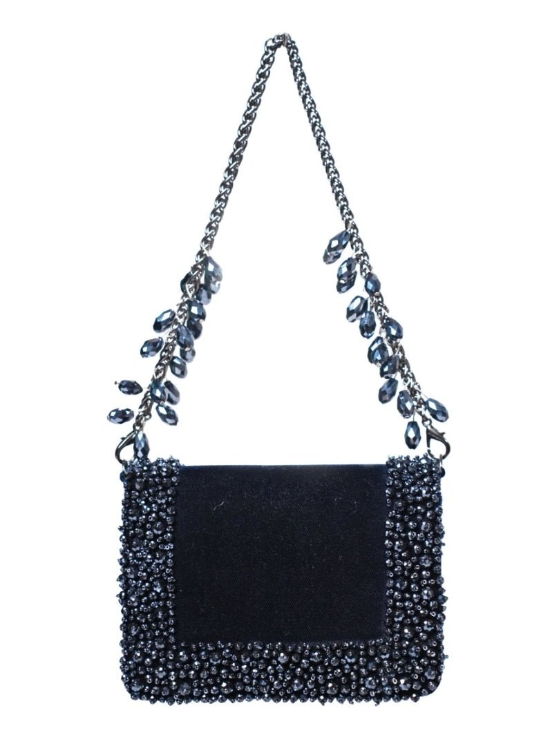 Navy Blue Suede Crystal Embellished Mini Bag House of Kosha - Fabilicious Fashion