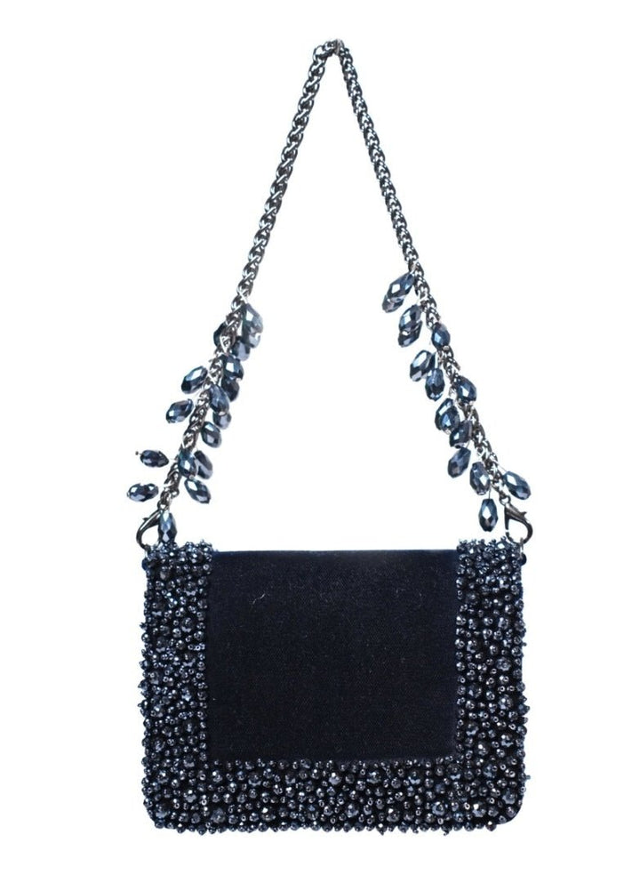 Navy Blue Suede Crystal Embellished Mini Bag House of Kosha - Fabilicious Fashion